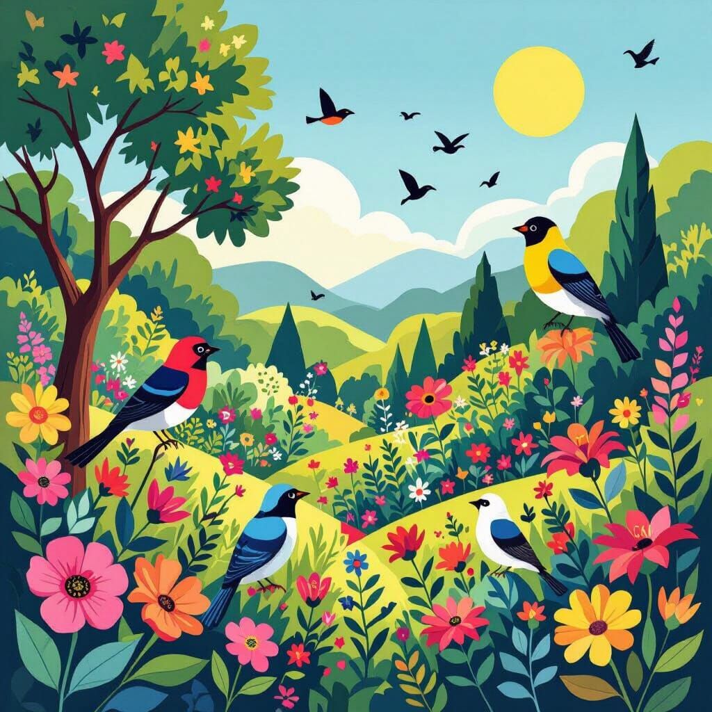 Colorful Bird Park in Modern Illustration Style