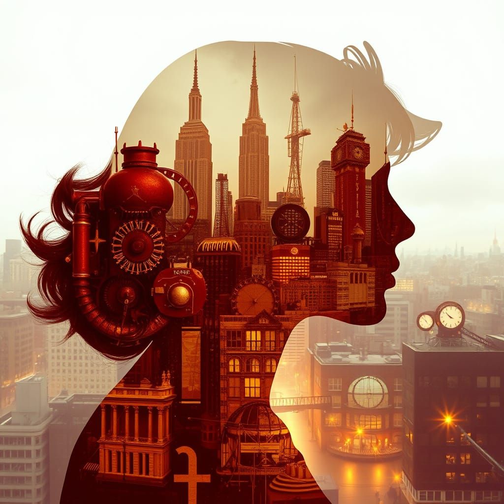 Steampunk Metropolis in the Shape of a Woman's Silhouette