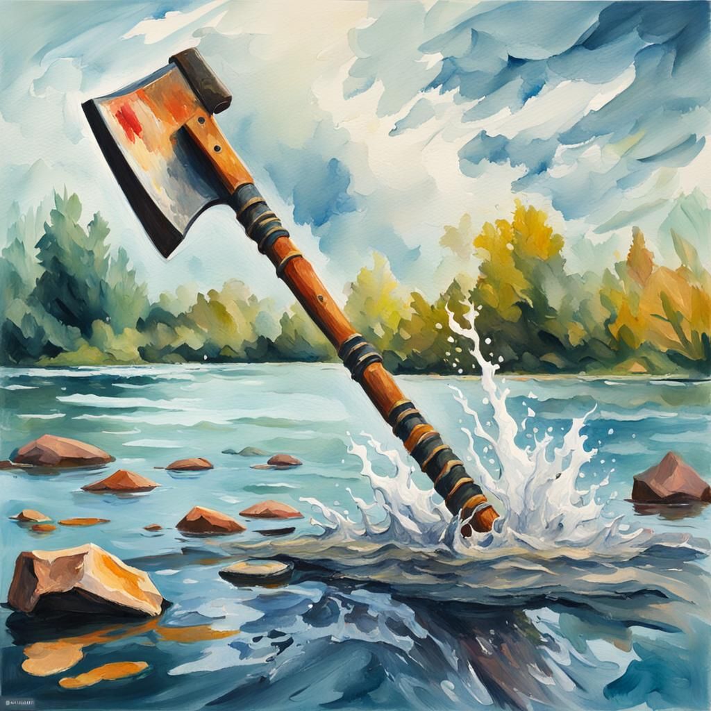 Axe Head Floating on Water in Gouache Style