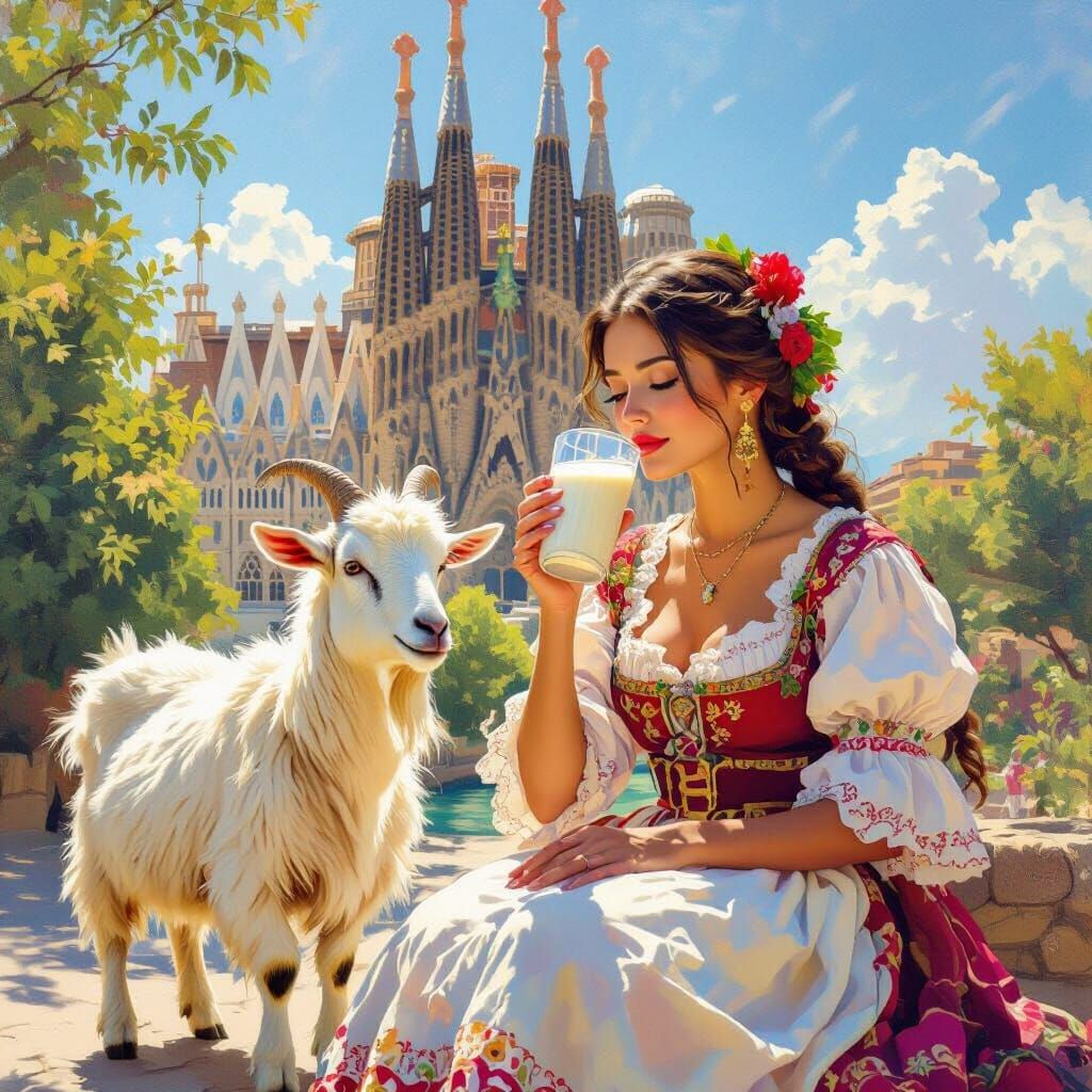 Spanish Woman with Goat by Sagrada Familia in Luminous Light