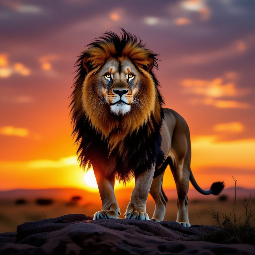 Lion Silhouetted Against Savanna Sunset