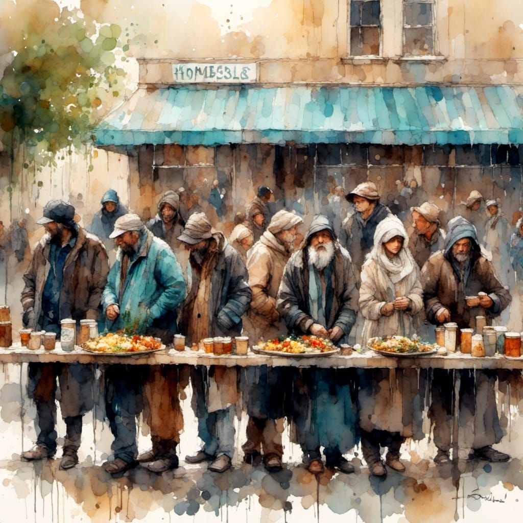 homeless People, standing outside in line by serving tables ...