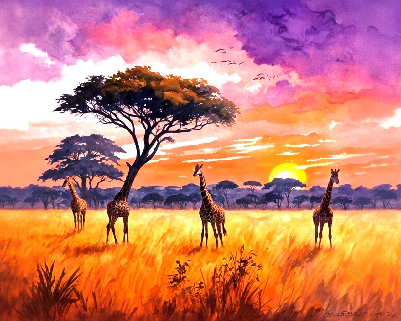 African Savanna Sunset in Vibrant Watercolor Style