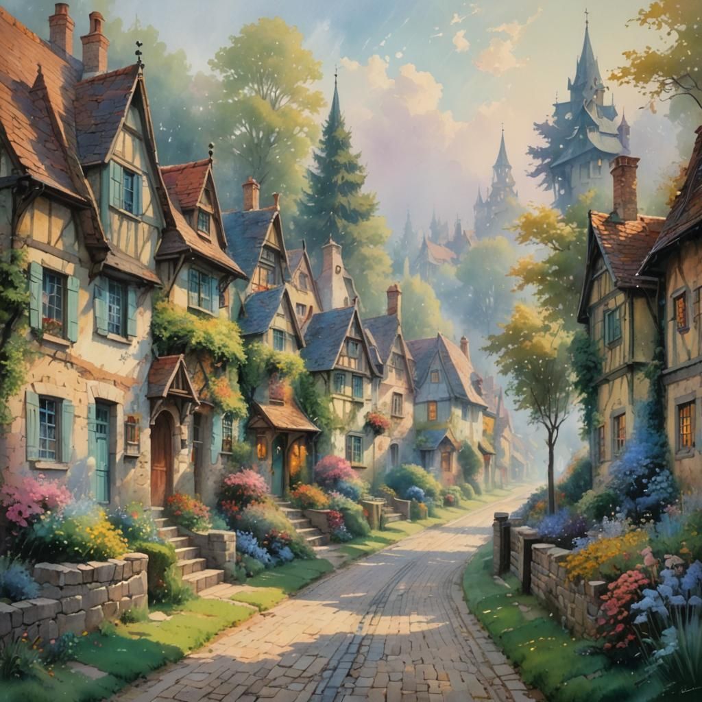 Medieval Summer Street in Watercolor Impressionist Style