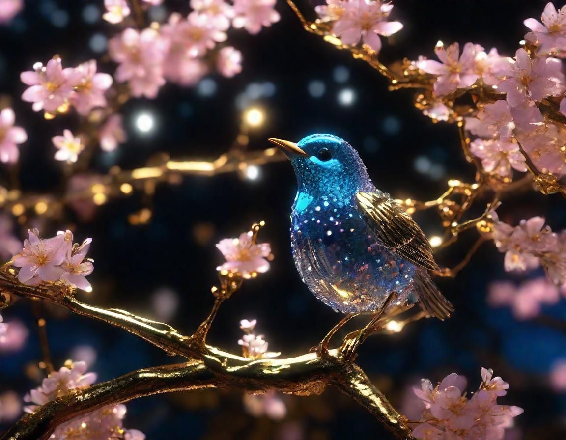 Crystal Bird on Blossom Branch in Cyberpunk Style