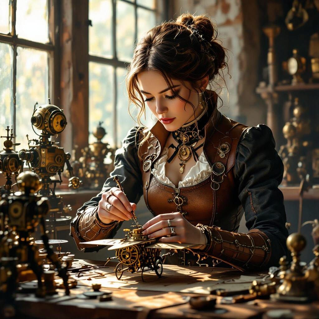 Steampunk Inventor's Golden Moment: Pre-Raphaelite Style