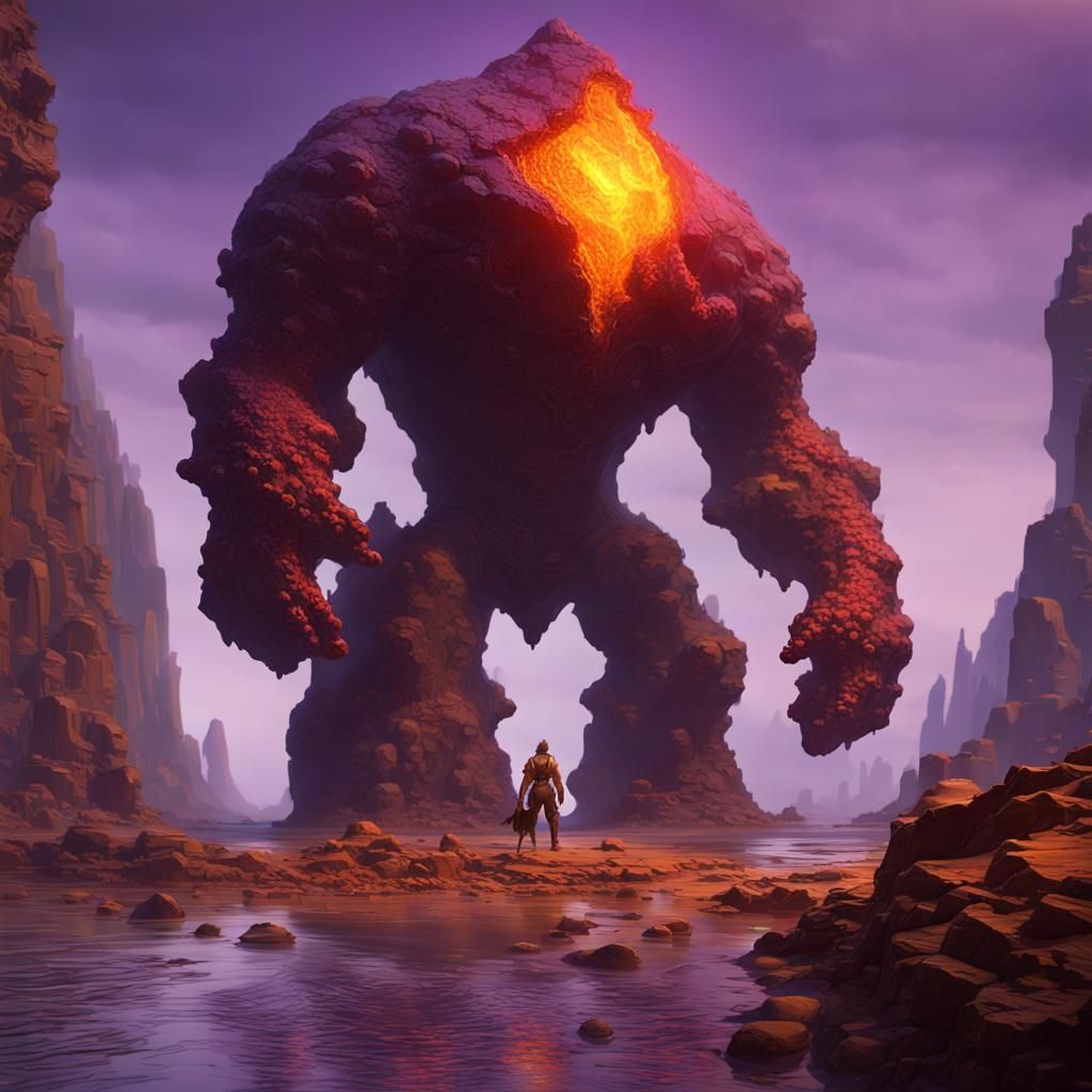 Magma Titan Confronts Water Golem in Dark Fantasy Style