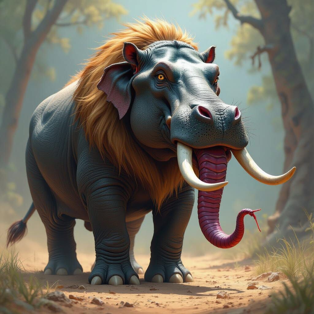Fantastical Hybrid Beast: Elephant, Hippo, Cobra, Cassowary,...
