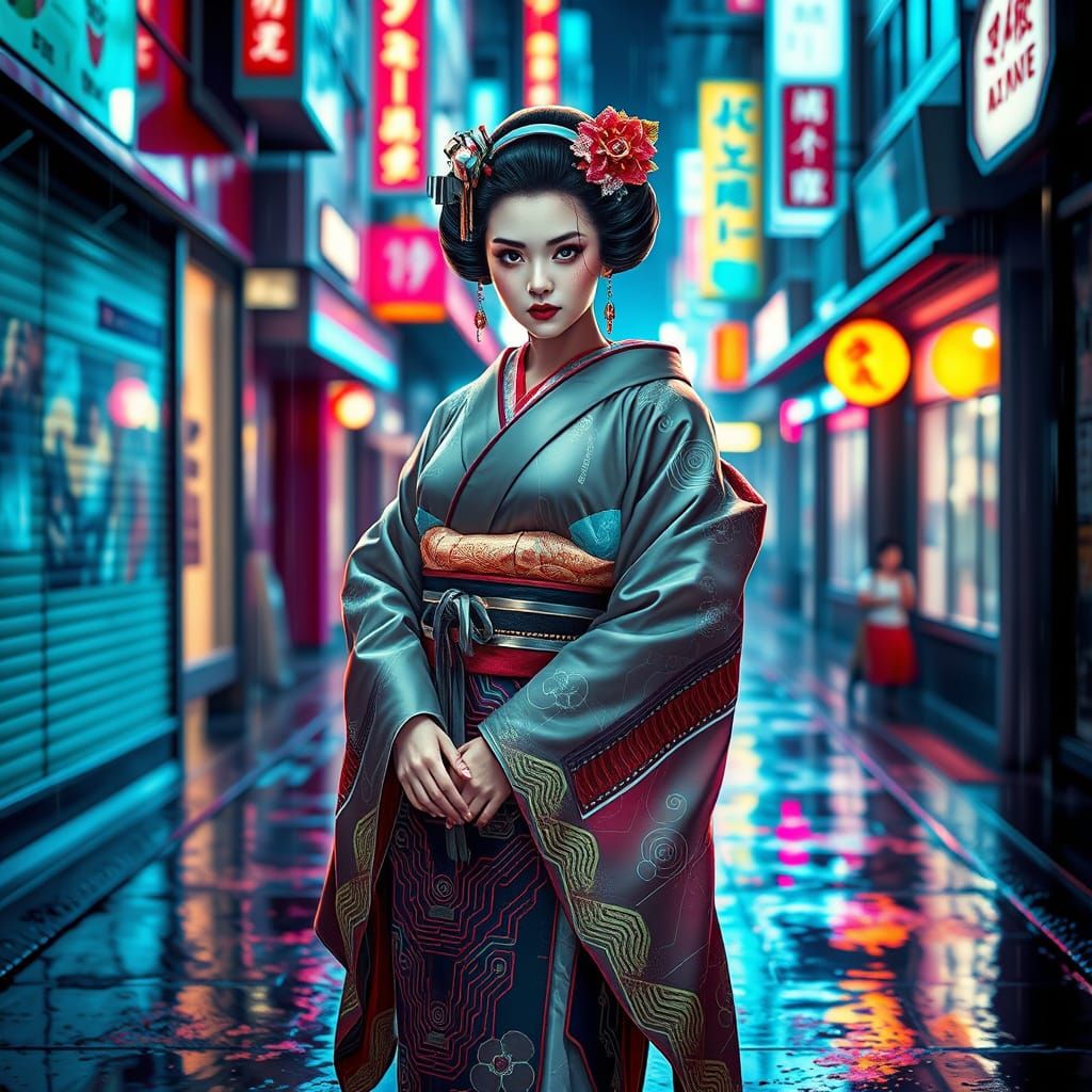 Cyberpunk Geisha Defies the City in Neon-Lit Splendor