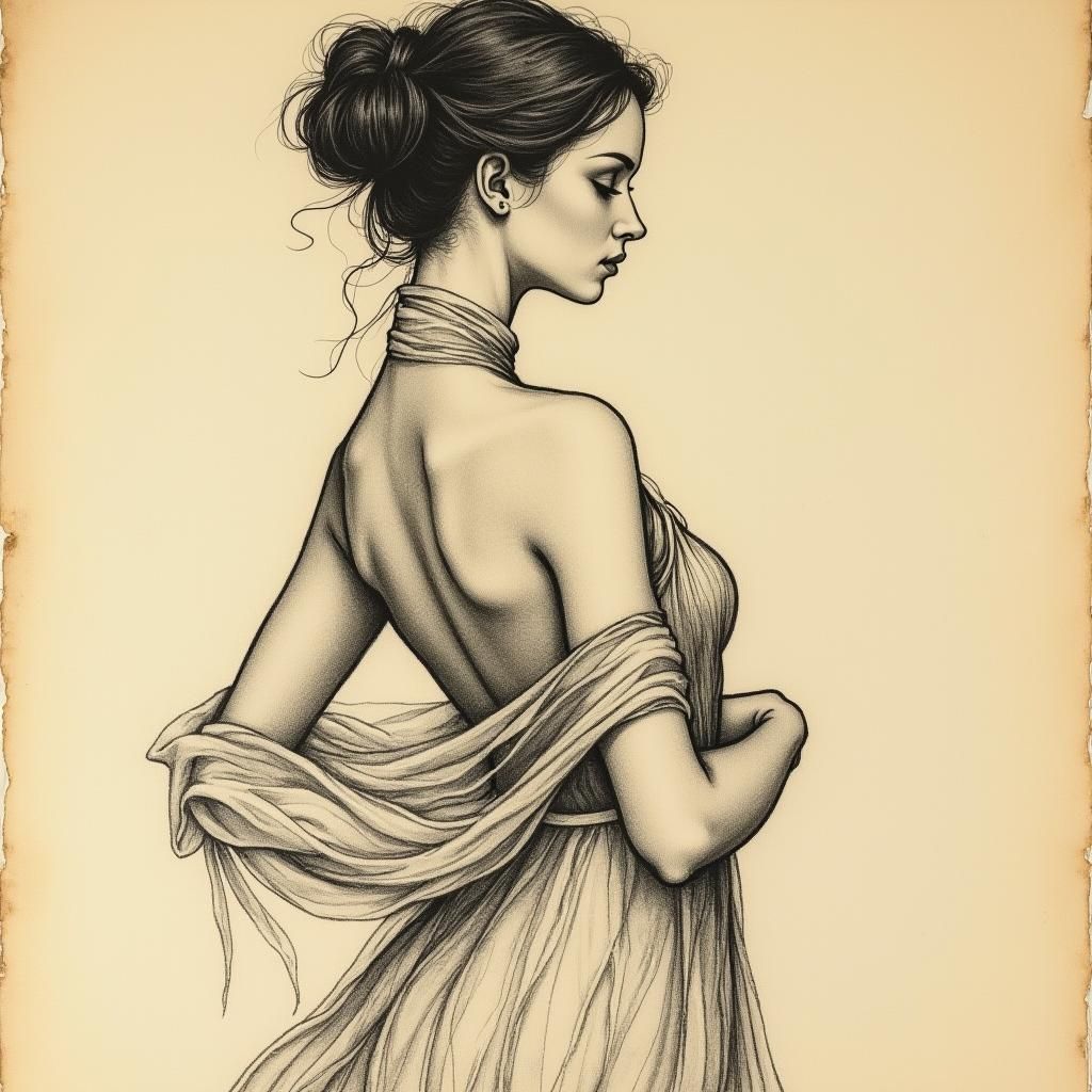 Elegant Female Figure in Art Nouveau Charcoal Sketch