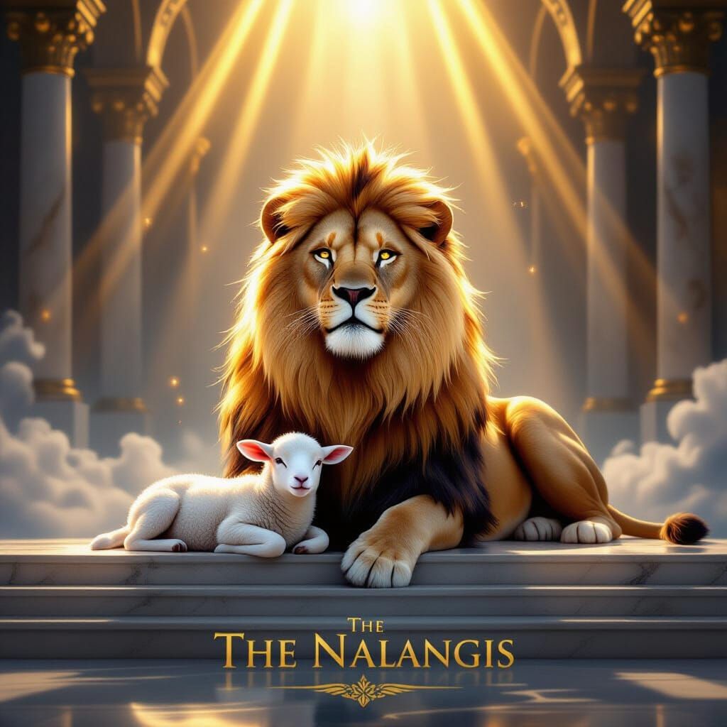 Majestic Golden Lion and Lamb in Heavenly Light