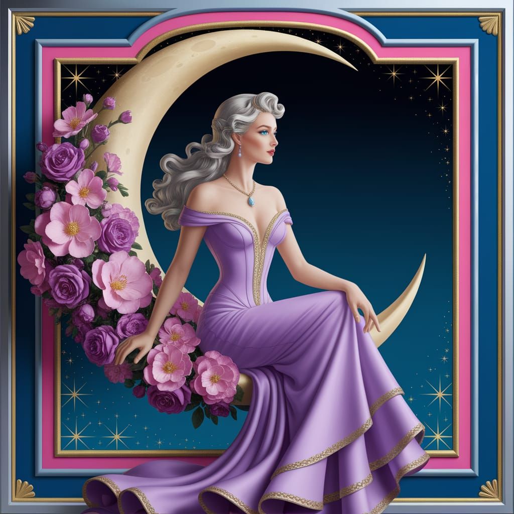 A beautiful  woman sitting on the moon surrounded by pink and purple flowers