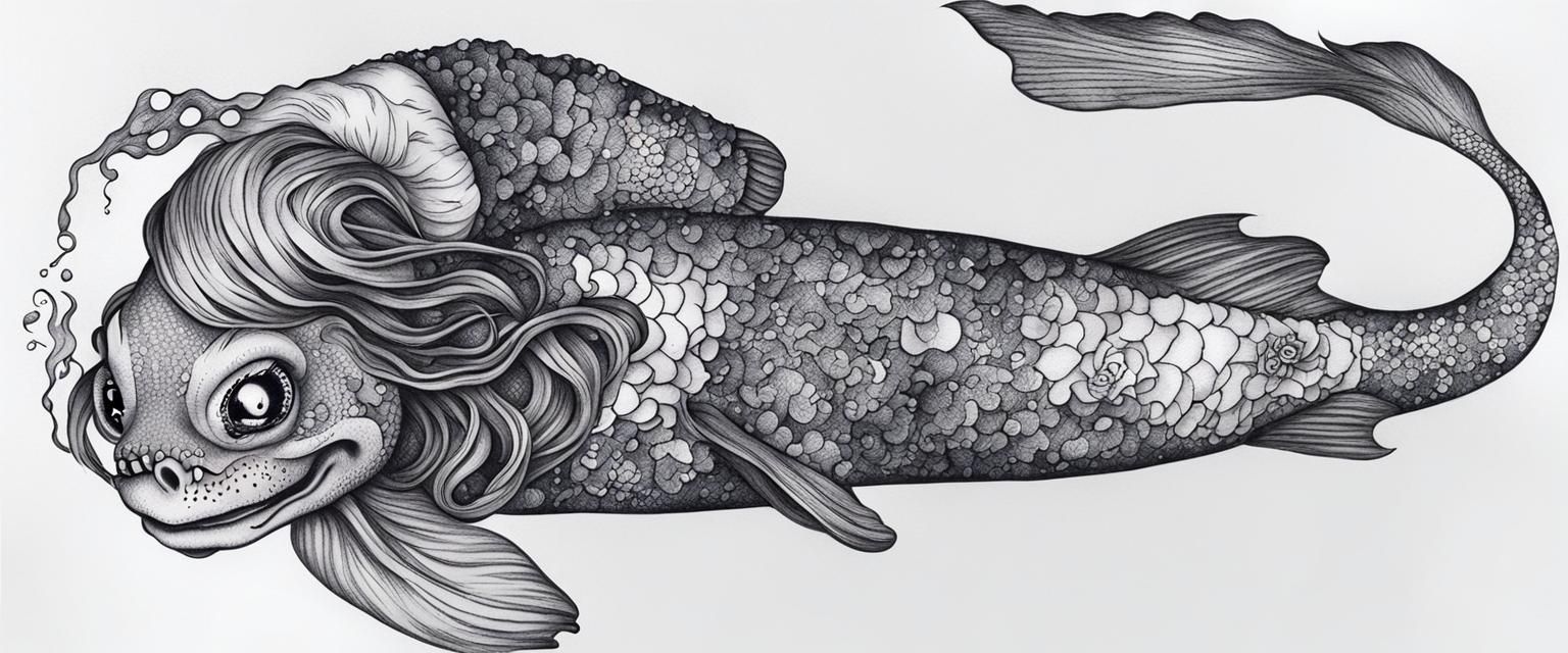 Fiji Mermaid Tattoo Style Line Drawing