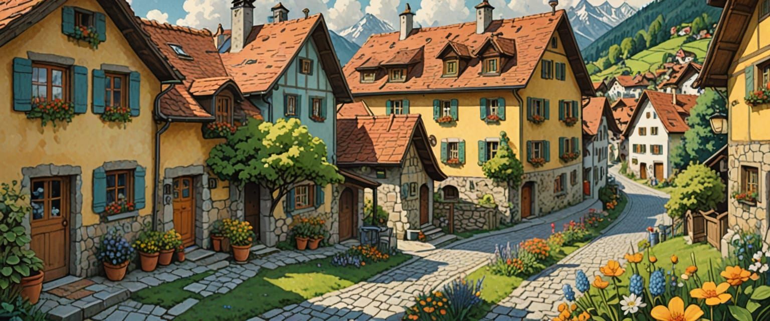 Ghibli-Inspired Swiss Village in Naive Folk Art Style