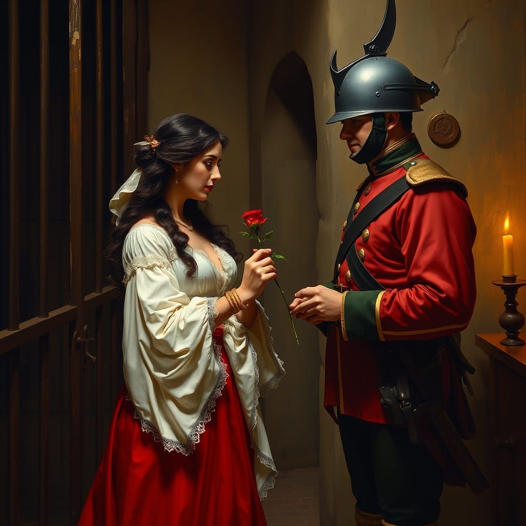 Romantic Gypsy Woman Offers Rose to Soldier