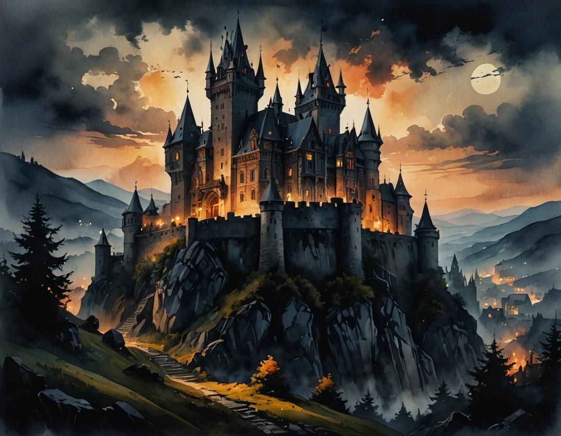 Gothic Castle Watercolor with Volumetric Lighting