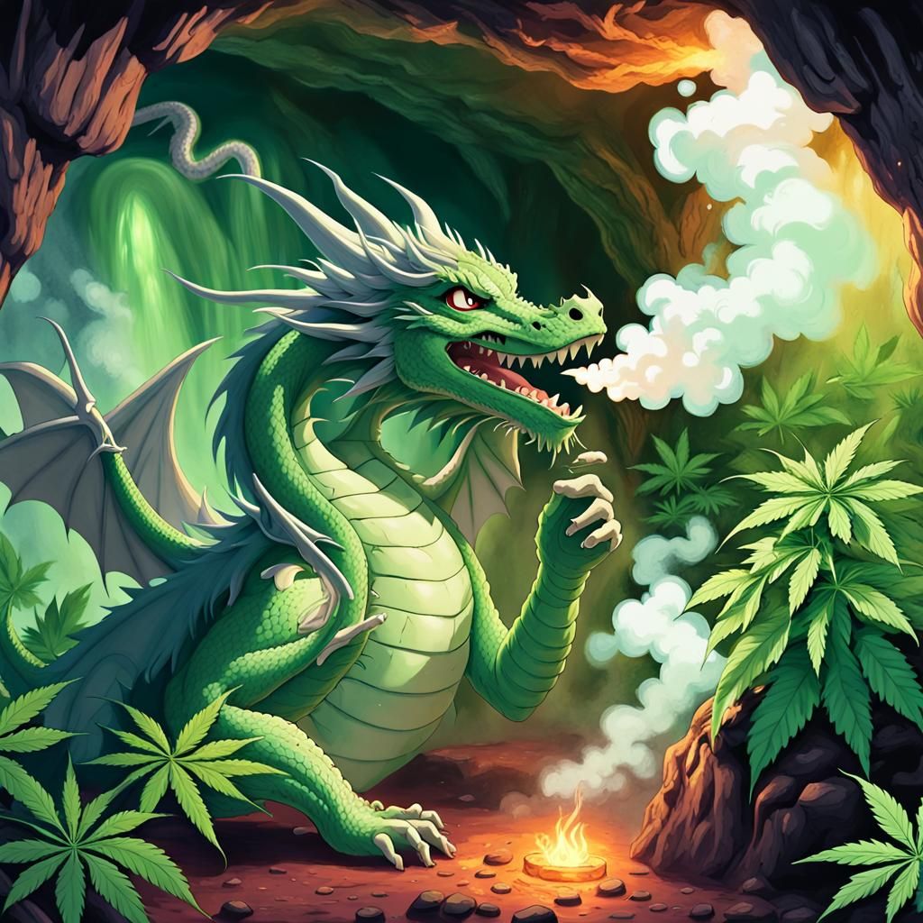 Marijuana Dragon in Lush Cave: Fantasy Anime Art