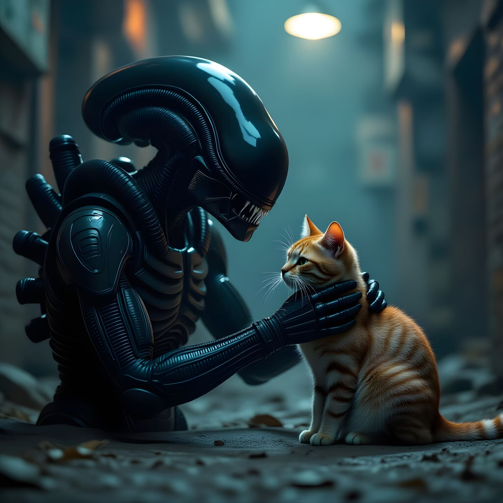 Cinematic Xenomorph Petting an Orange Tabby Cat