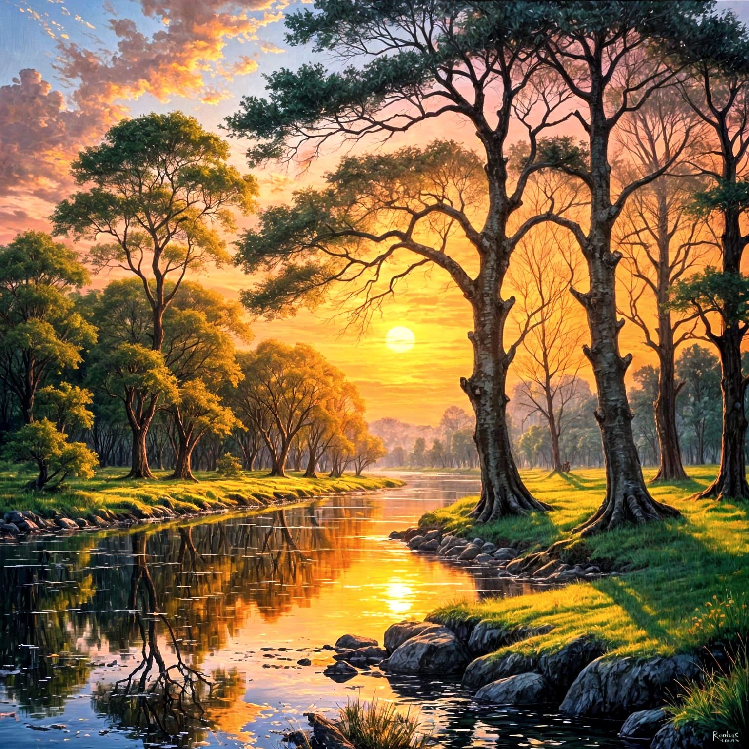 Sunset Over River Landscape with Trees