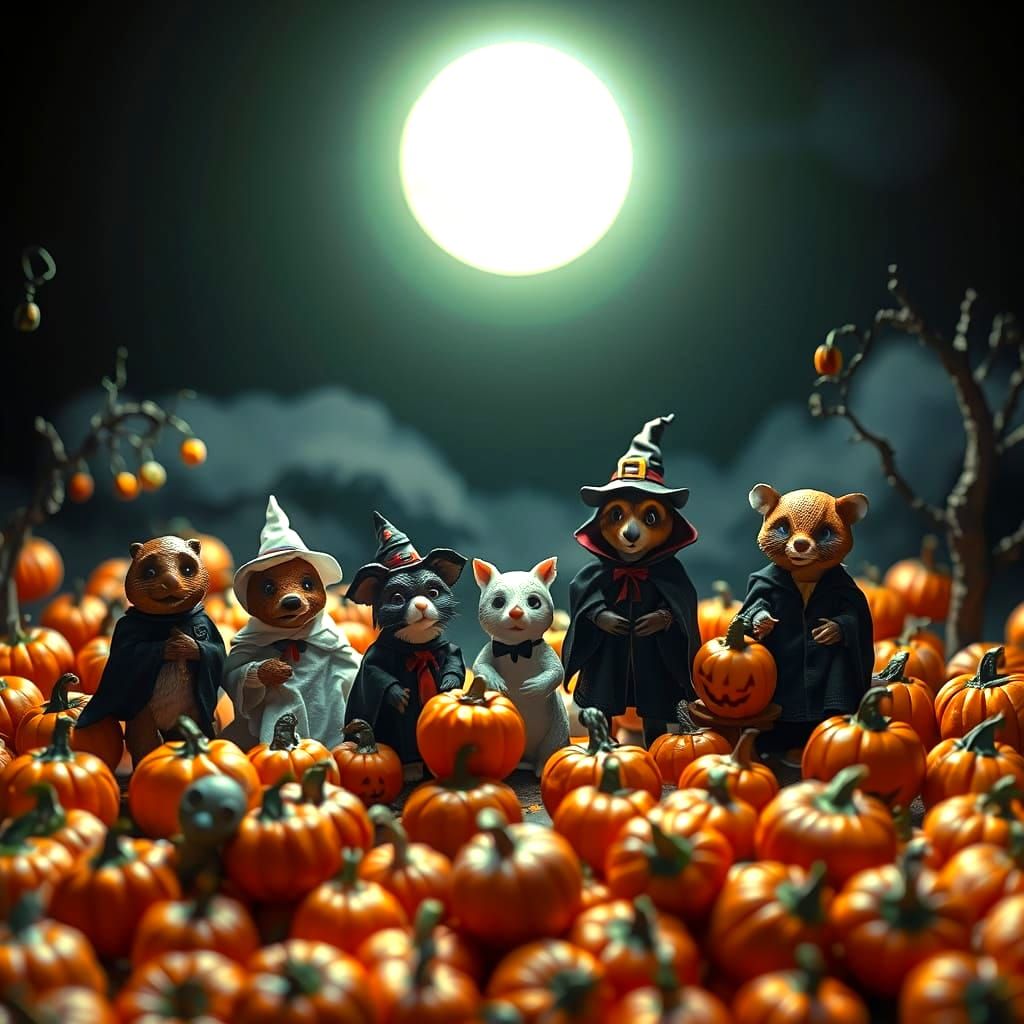 Halloween Animals in Pumpkin Universe Under Moonlight