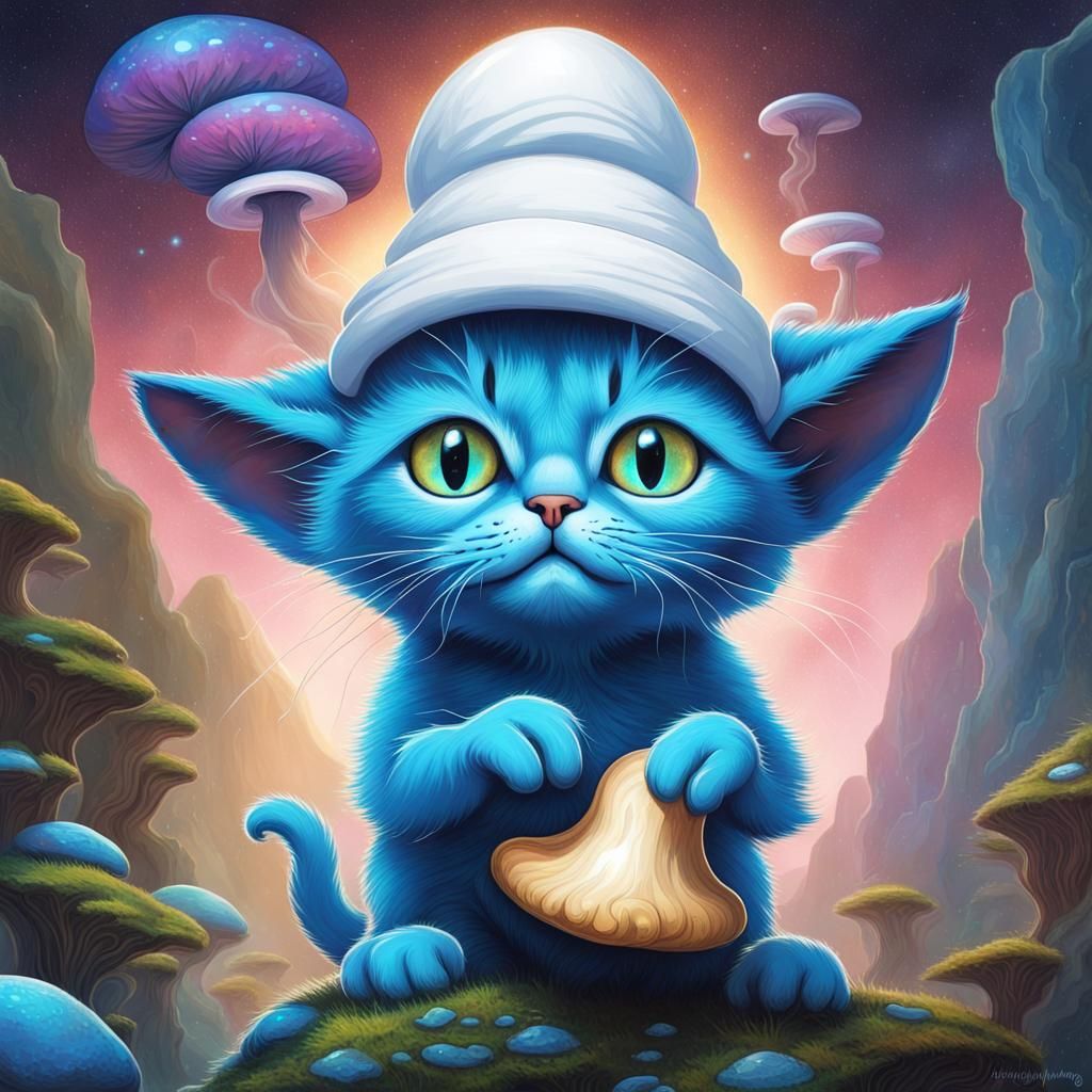 Blue Smurf Cat with Mushroom Hat in Astral Style