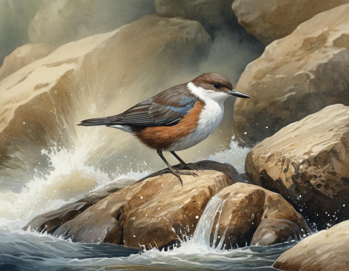 Watercolor Dipper Bird on Stone in Raging Torrent with Sunsh...