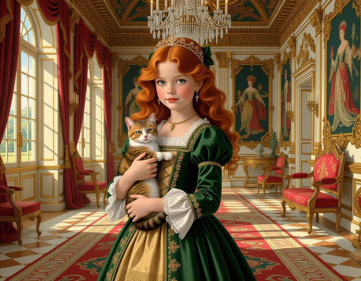 Redhead in Chateau with Cat, Colorful Illustration