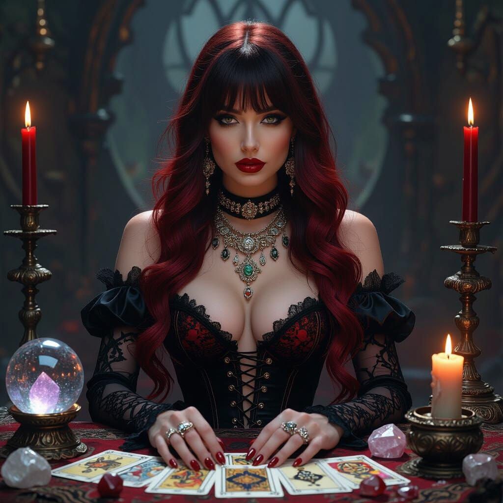 Mystical Gothic Woman Surrounded by Tarot Cards