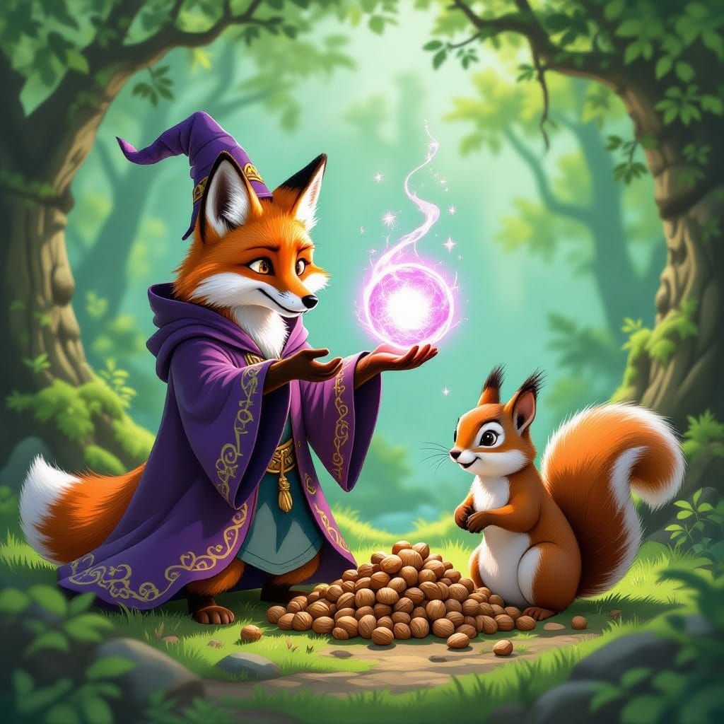 Mischievous Fox Wizard Casts Spell on Squirrel