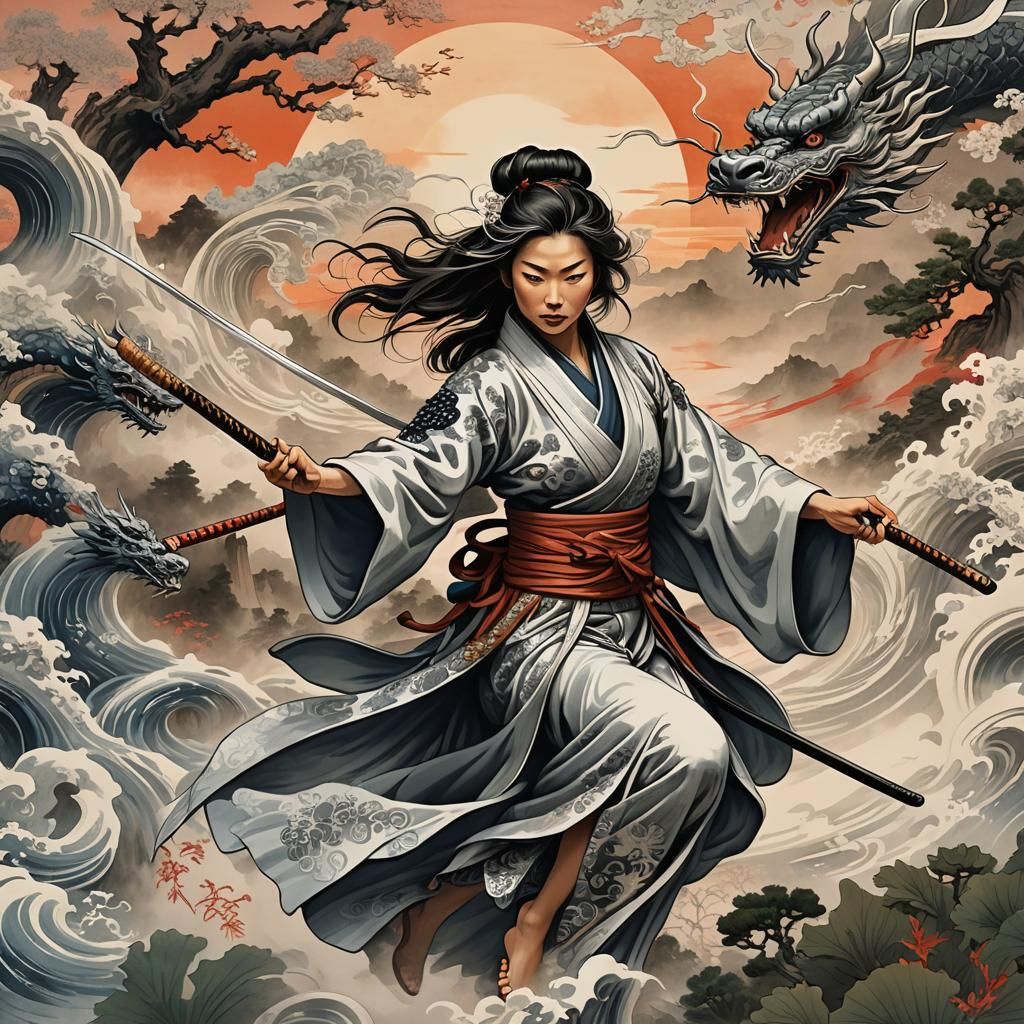 Female Samurai with Spear in Sunset Landscape