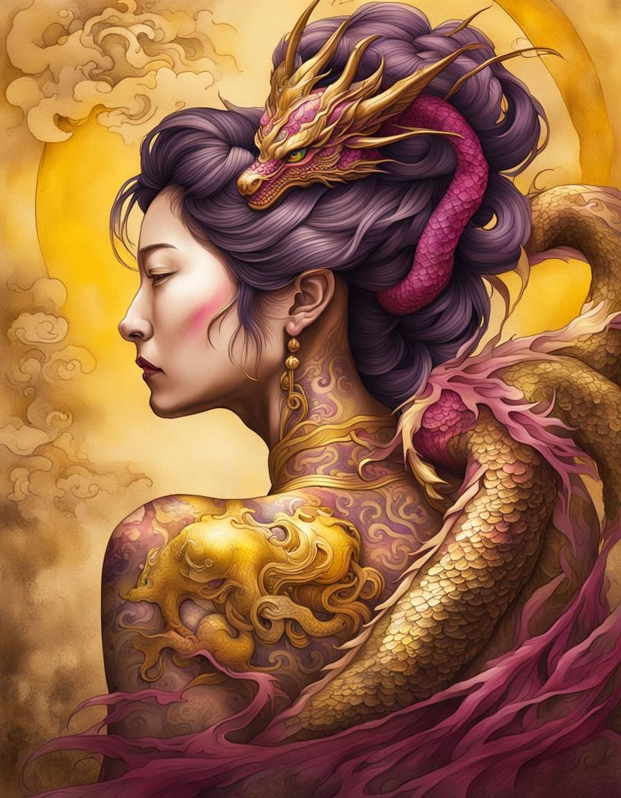 Art Nouveau Dragon Tattoo on Geisha Back