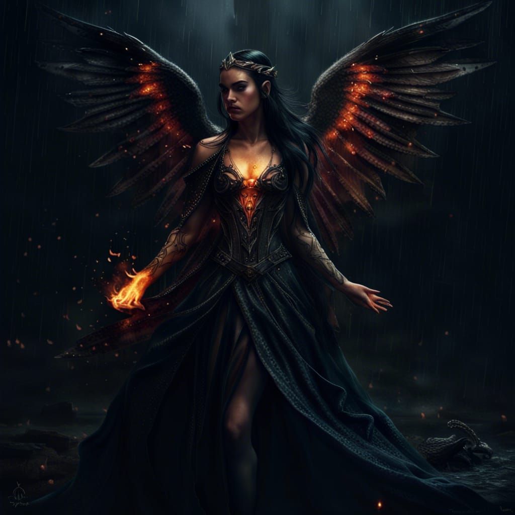 Striking Dark Elf Queen with Wings in Rain