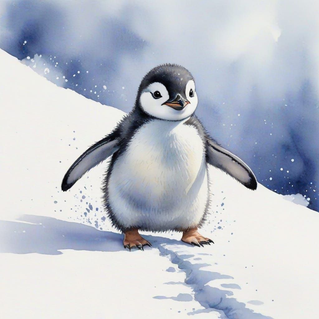 Baby Penguin Slides Down Snowy Hill in Watercolour