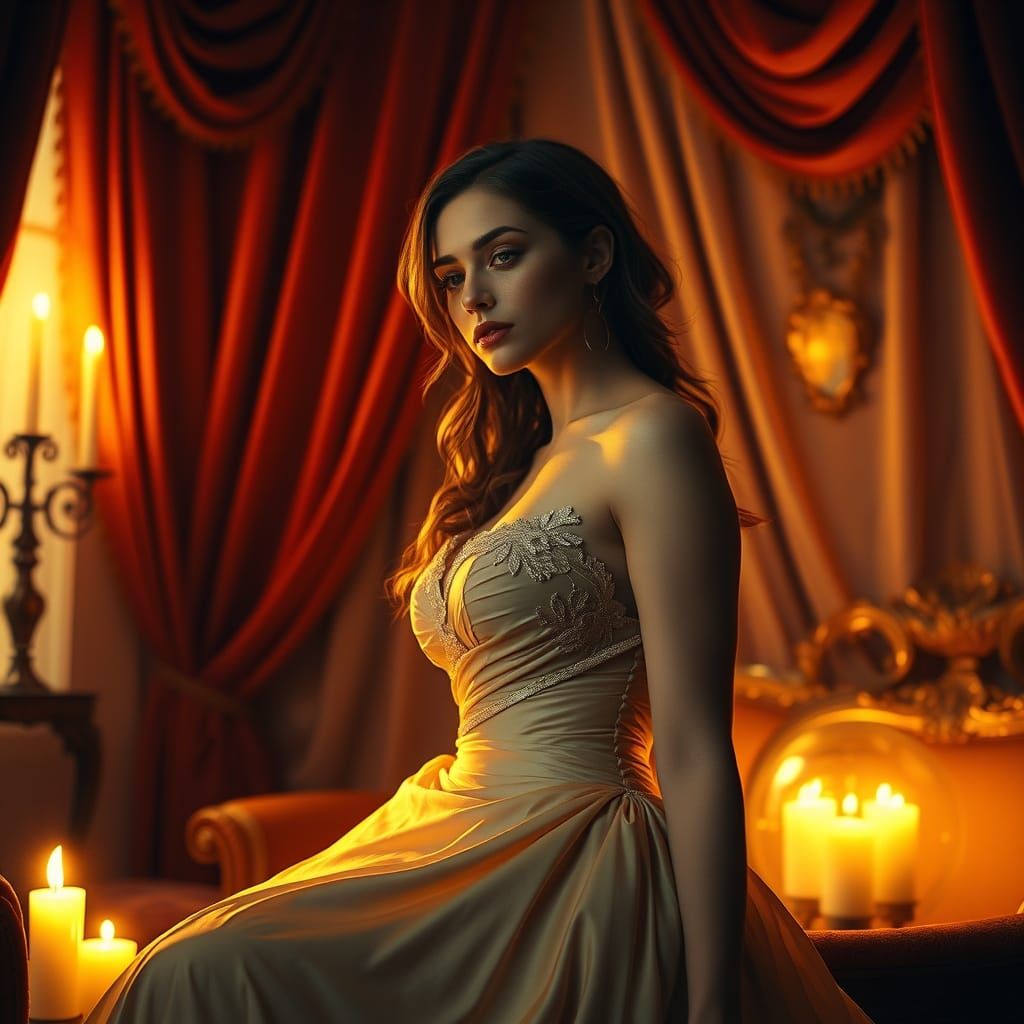 Woman in Golden Glow, Velvet Drapery, and Candlelight