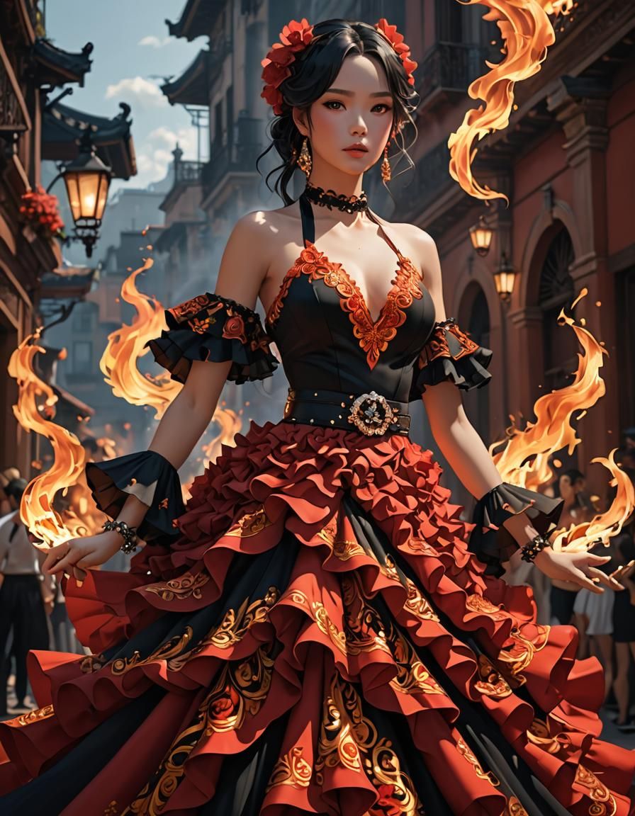Flamenco Dancer in Fiery Dress, 3D Anime Art