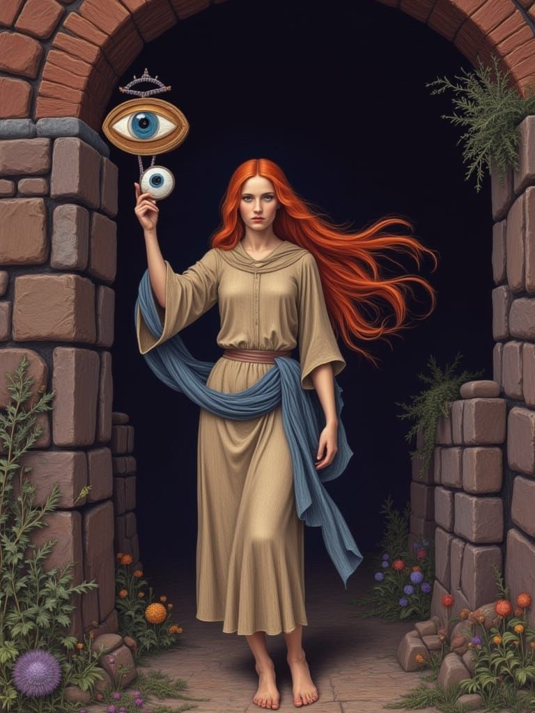 Woman With Evil Eye Amulet in Luminous Landscape