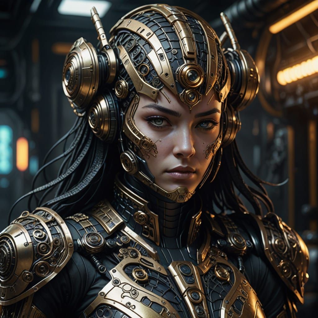 Cyberpunk Cybernetic Woman with Golden Armor