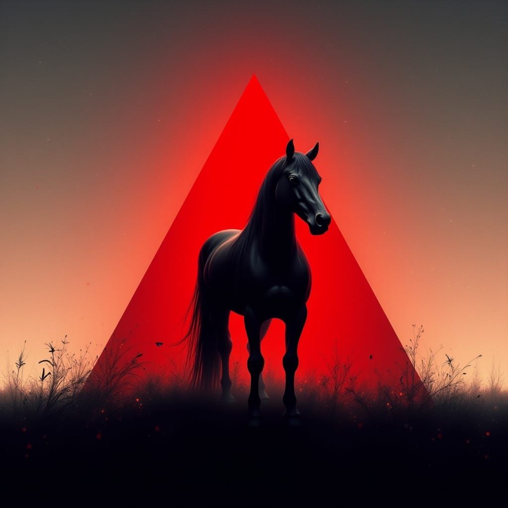 Black Horse Silhouette Against Red Triangle Graphic Illustra...
