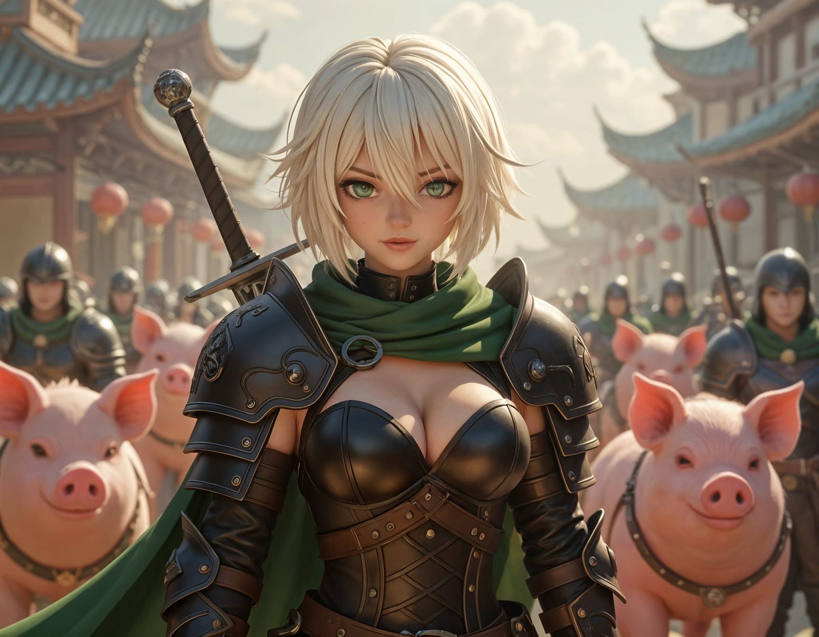 Punk Warrior Leads Piglin Army: Anime-Inspired 3D Art