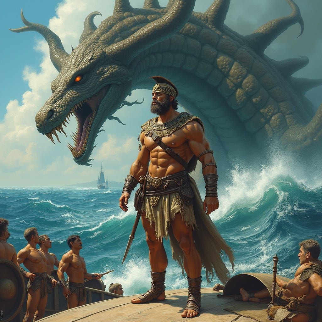 Muscular Greek Explorer Battles Hydra at Sea in Epic Fantasy...