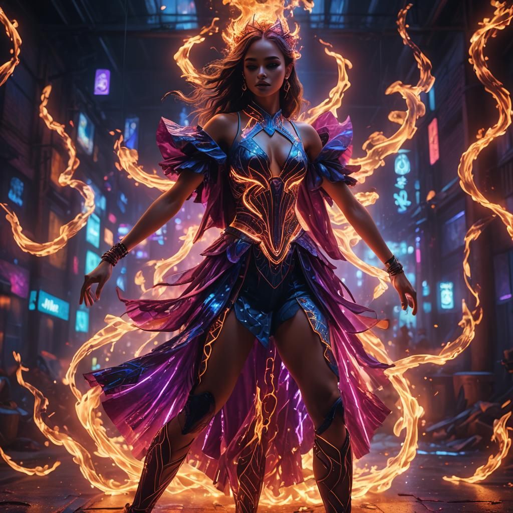 Burning Dress Dancer in Neon Light