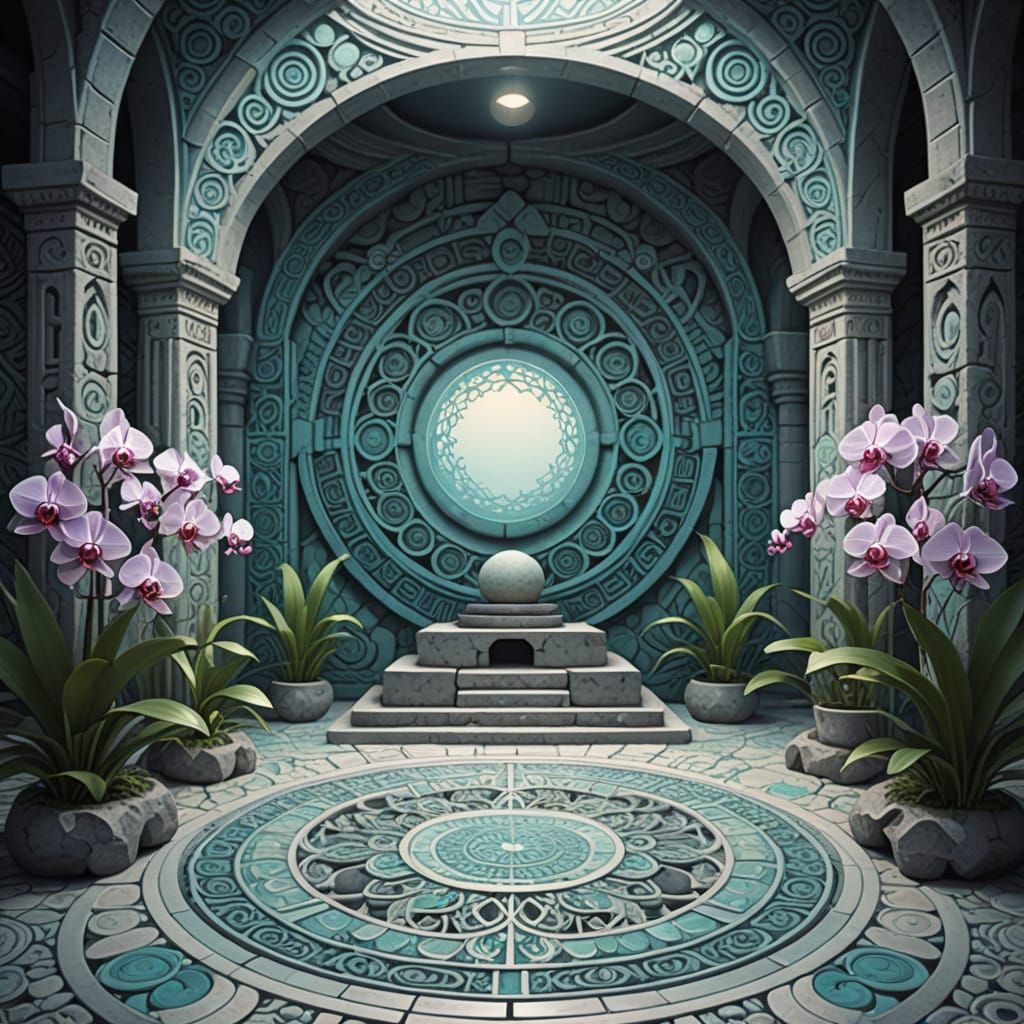 Surreal Temple with Lunar Glyphs and Orchids