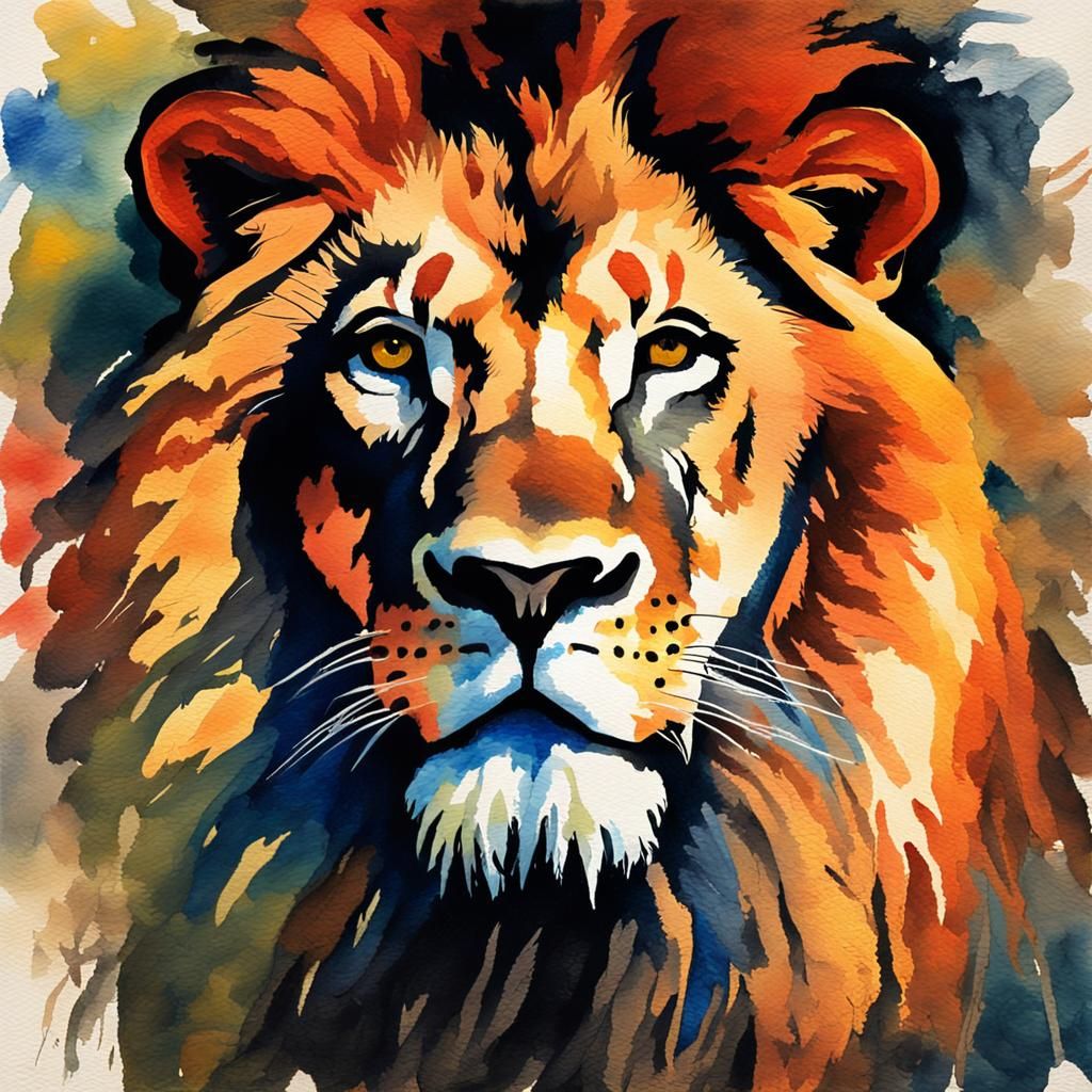 Lion Face in Gouache Style Impressionist Painting