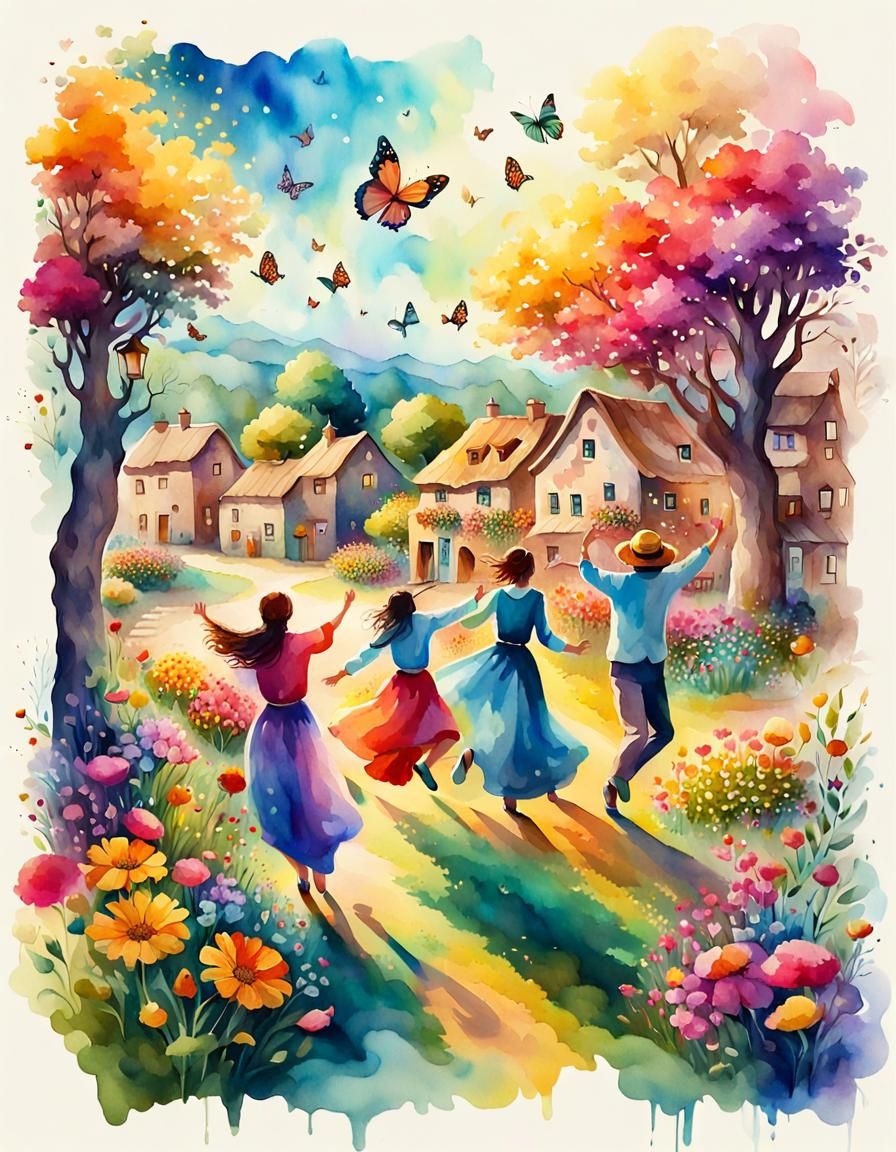 Psychedelic Village Dance: A Watercolor Dreamscape