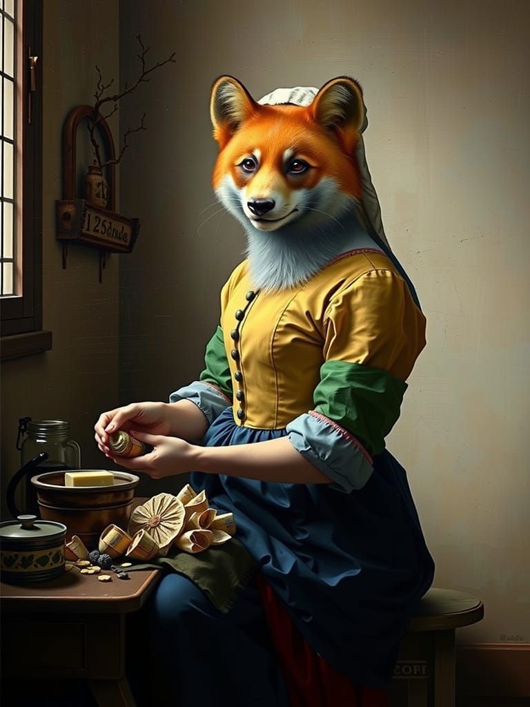 Panda Milkmaid in Blue and Yellow: A Whimsical Portrait