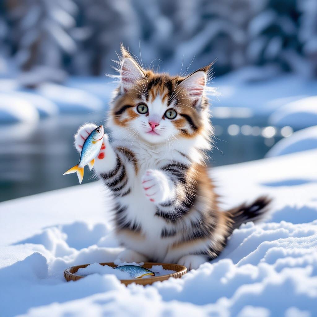 Ecstatic Calico Kitten Holds Fish on Snowy Riverbank