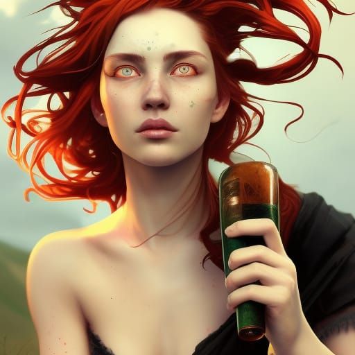 Red Haired Woman Smoking Pipe, Dark Fantasy Portrait