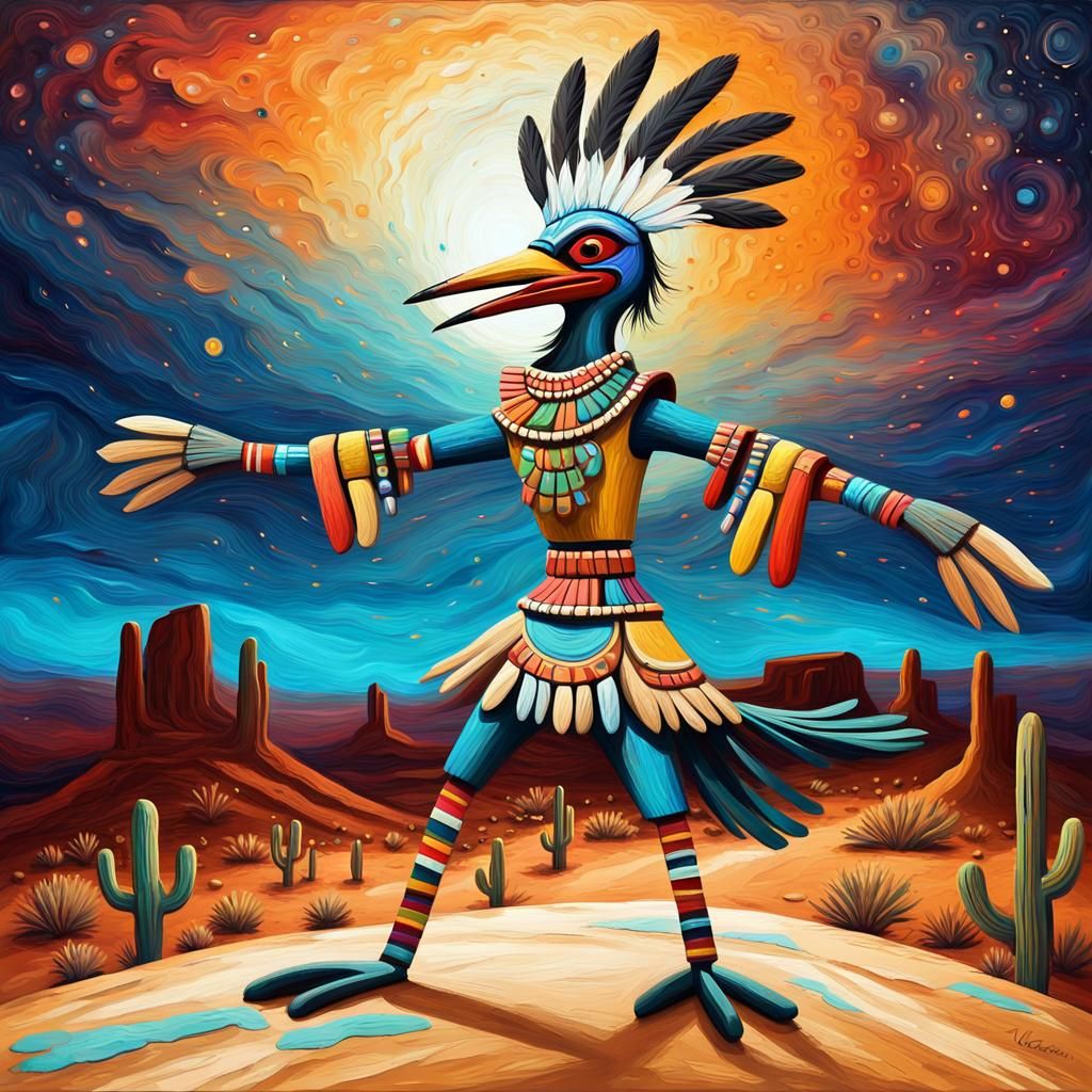 Roadrunner Kachina Dances in Starry Desert, Impasto Style