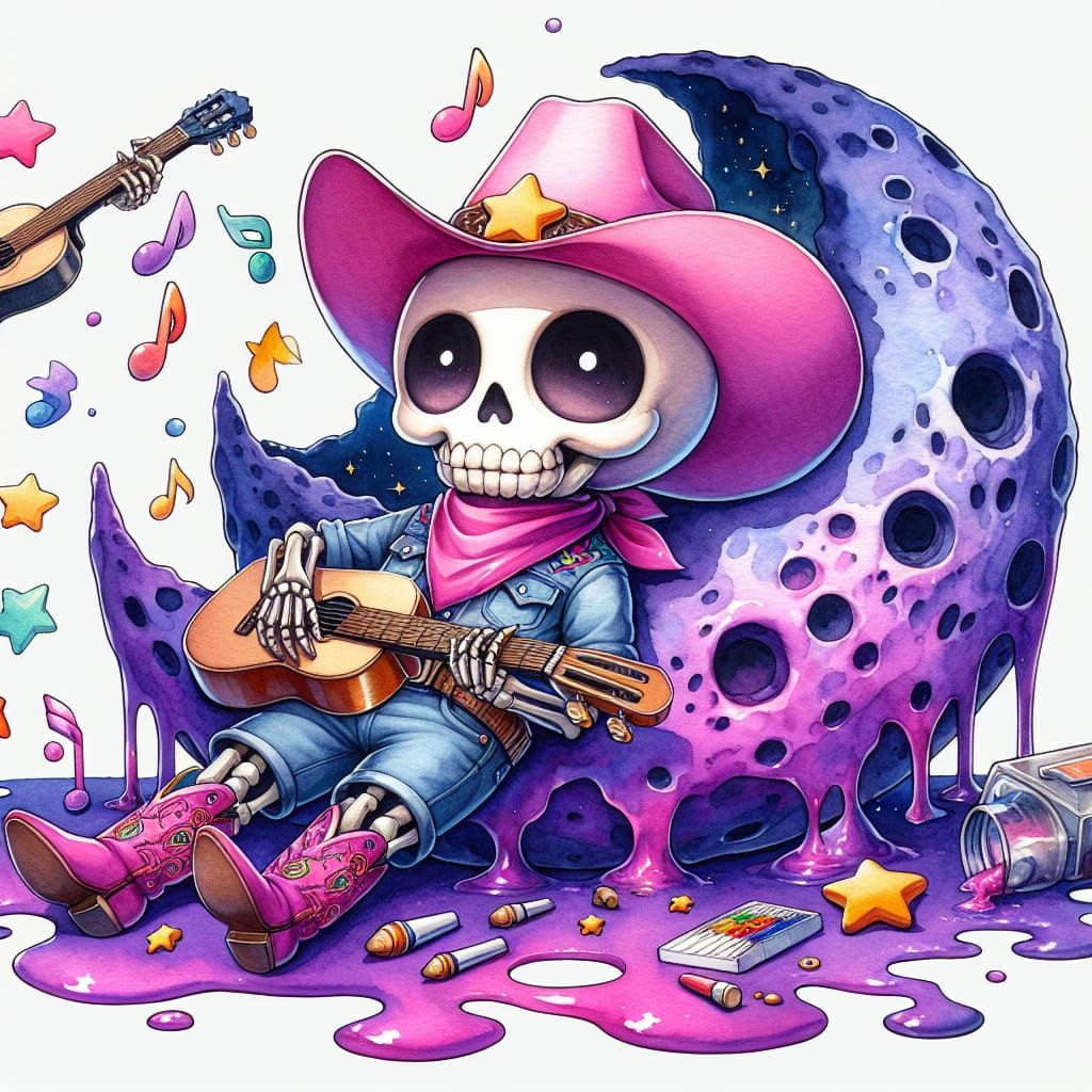 Chibi Skeleton Cowboy Serenade on Violet Moon