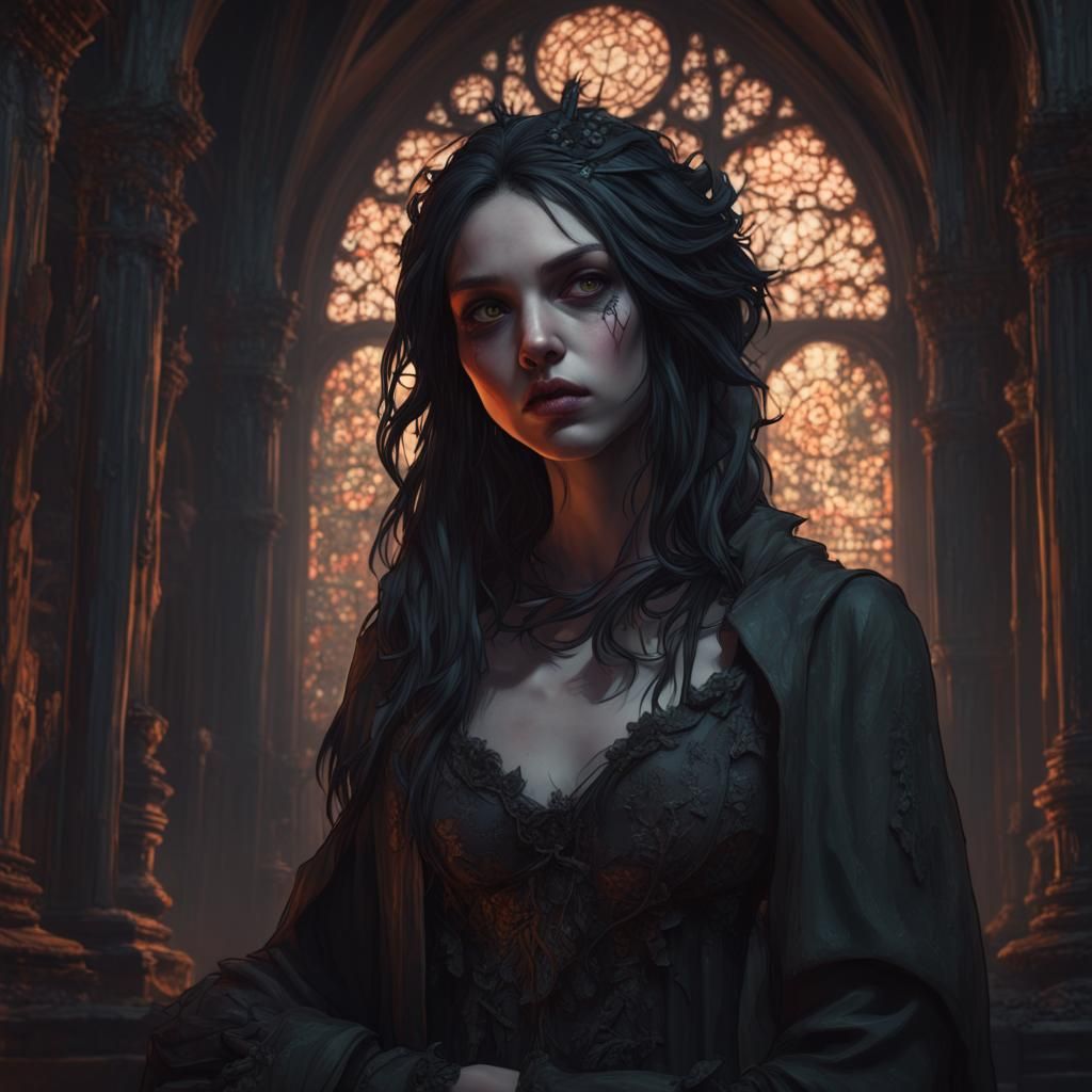 Dark Gothic Cathedral with Sad Girl, Detailed Art